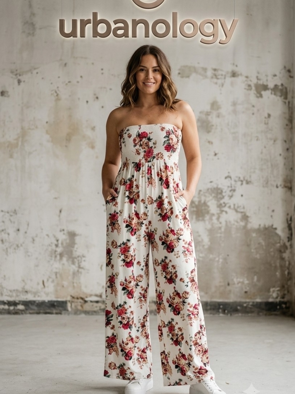 Urbanology White Floral Strapless Wide-Leg Jumpsuit As is